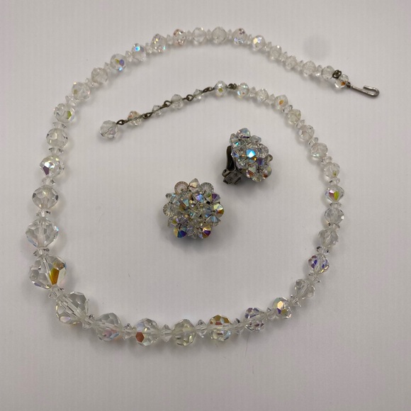 Aurora Borealis AB Single Strand Faceted Crystal Glass Choker Necklace Earrings - Picture 4 of 9